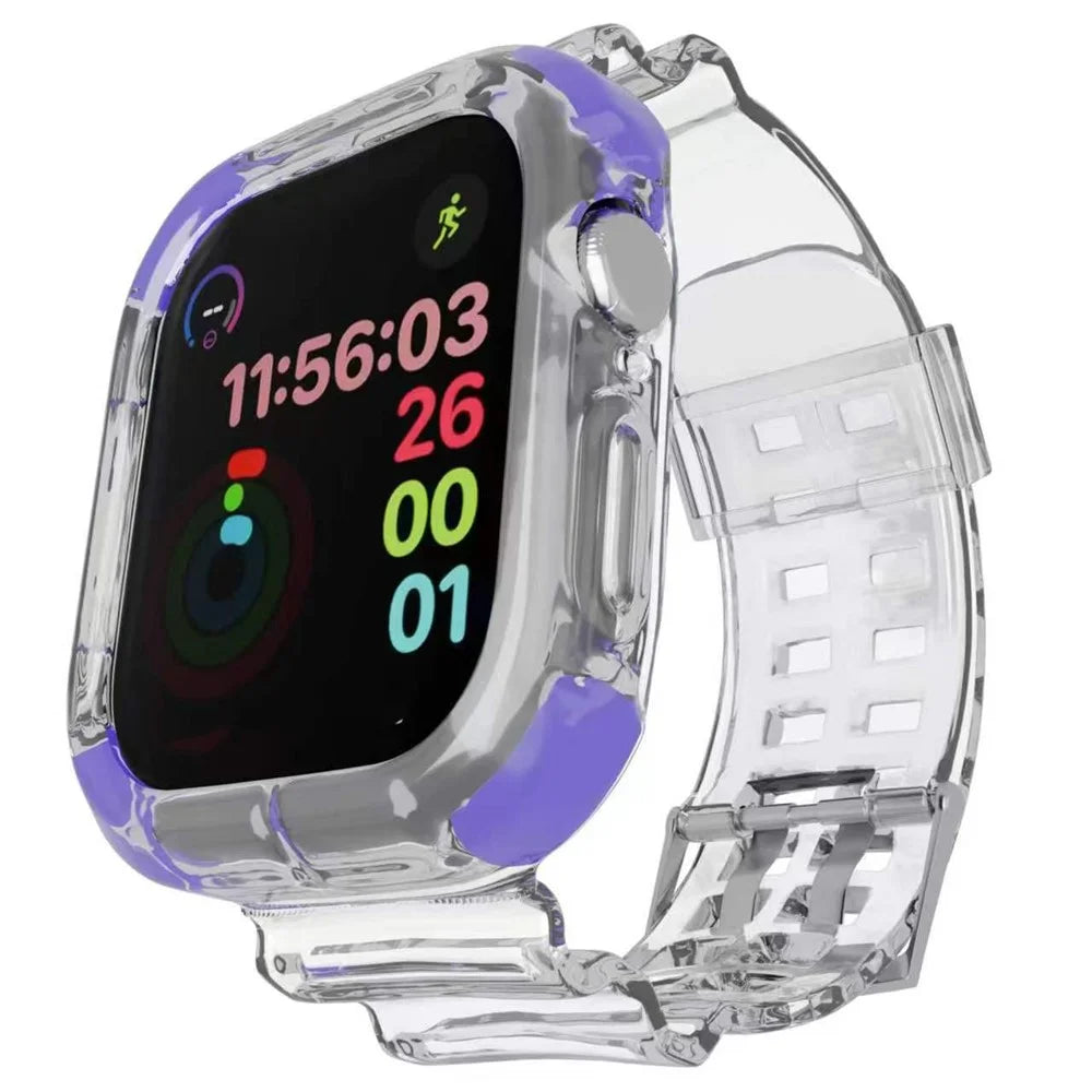 Strap for Apple Watch Ultra 3 2 1 49mm  /  Series 11 10 46mm  /  9 8 7 45mm  /  SE3 SE2 SE 6 5 4 44mm  /  3 2 1 42mm Shockproof Airbag Clear TPU Band with Integrated Watch Case - Transparent+Purple - 1