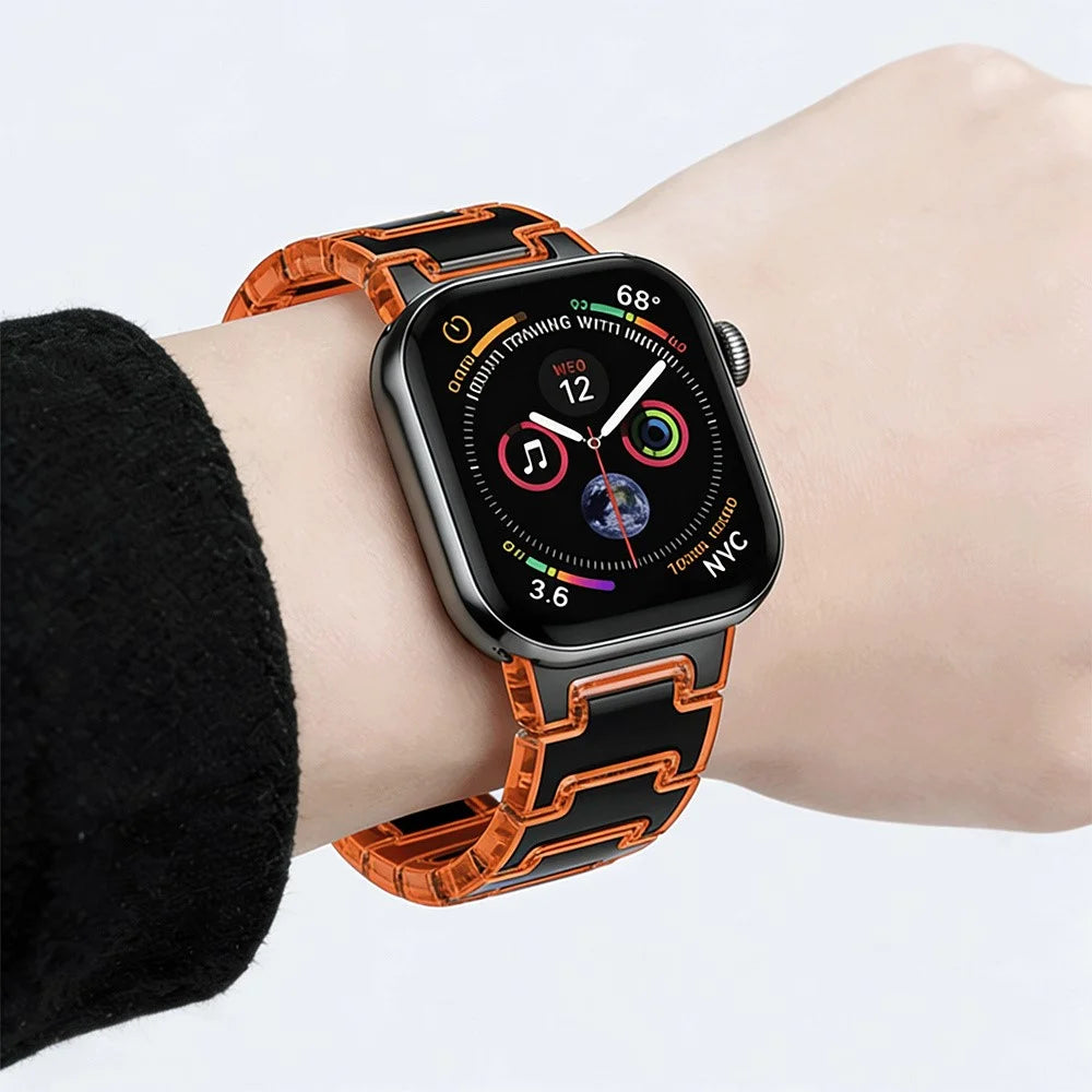 Dual Color Chain Link Band for Apple Watch Series 11 10 42mm / 9 8 7 41mm / SE3 SE2 SE 6 5 4 40mm / 3 2 1 38mm Epoxy Resin + PC Watch Strap - Black / Orange - 4
