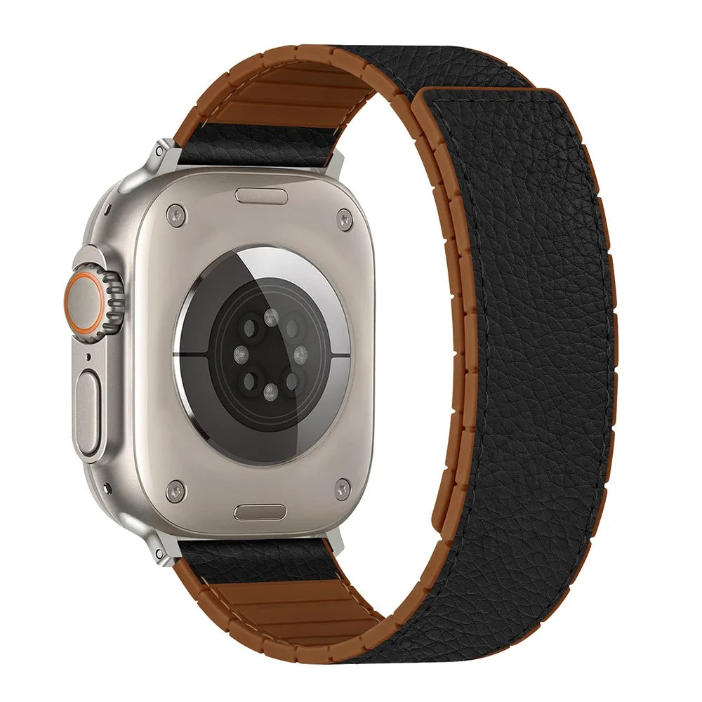 Leather Coated Silicone Band for Apple Watch Series 11 10 42mm / 9 8 7 41mm / SE3 SE2 SE 6 5 4 40mm / 3 2 1 38mm Magnetic Watch Strap - Black - 1