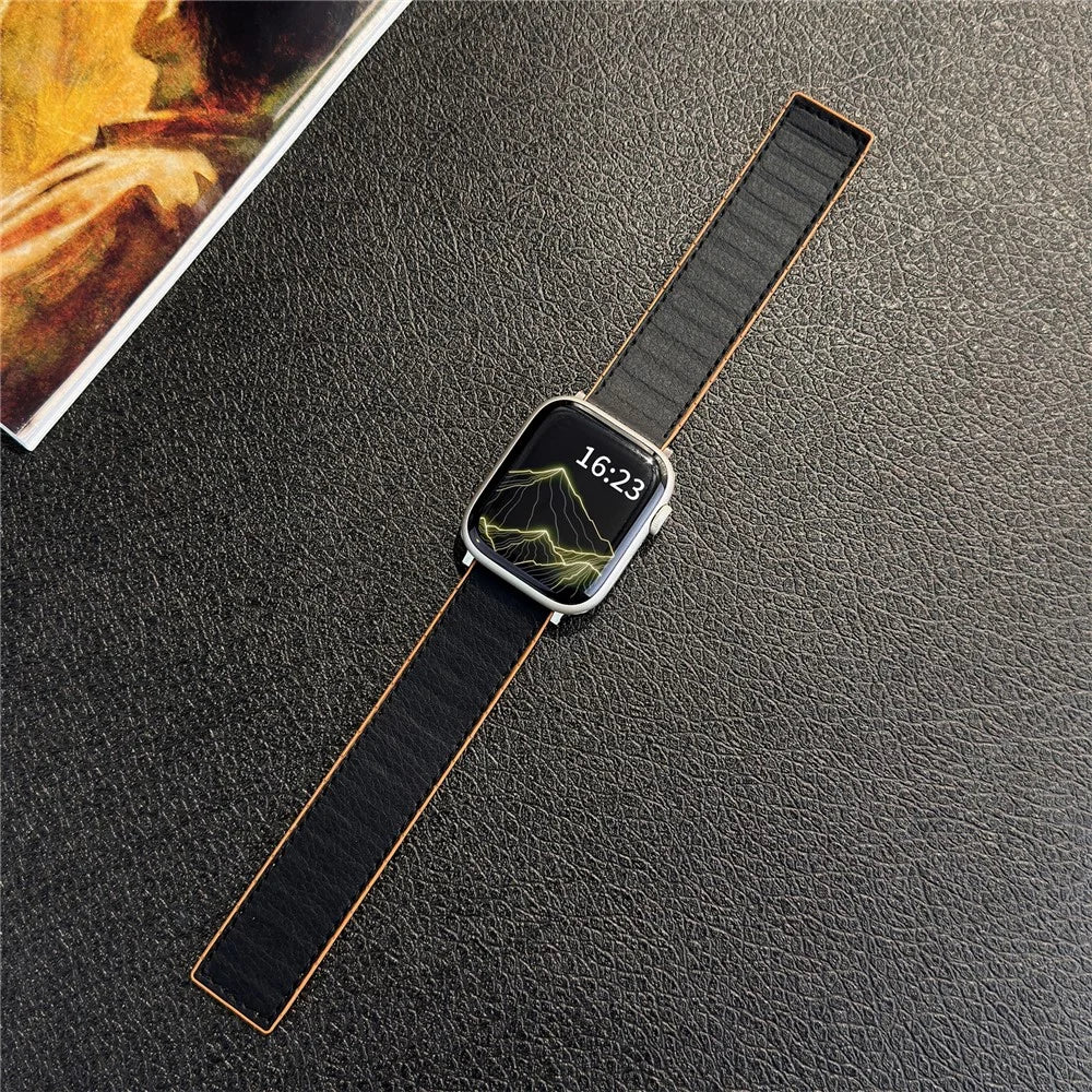Leather Coated Silicone Band for Apple Watch Series 11 10 42mm / 9 8 7 41mm / SE3 SE2 SE 6 5 4 40mm / 3 2 1 38mm Magnetic Watch Strap - Black - 2