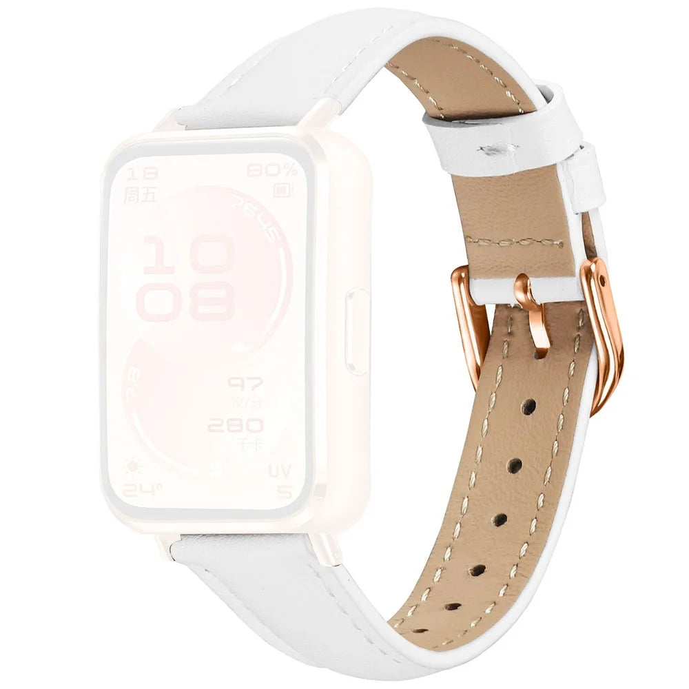 Watch Band for Huawei Band 11 Pro NFC / 11 NFC / 11 Pro / 11 Rose Gold Buckle Slim Leather Strap - White - 1