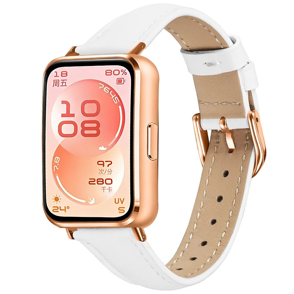 Watch Band for Huawei Band 11 Pro NFC / 11 NFC / 11 Pro / 11 Rose Gold Buckle Slim Leather Strap - White - 2