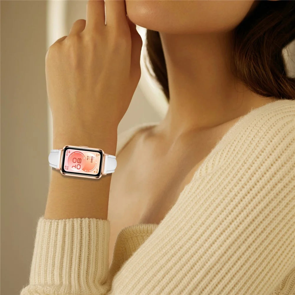Watch Band for Huawei Band 11 Pro NFC / 11 NFC / 11 Pro / 11 Rose Gold Buckle Slim Leather Strap - White - 4