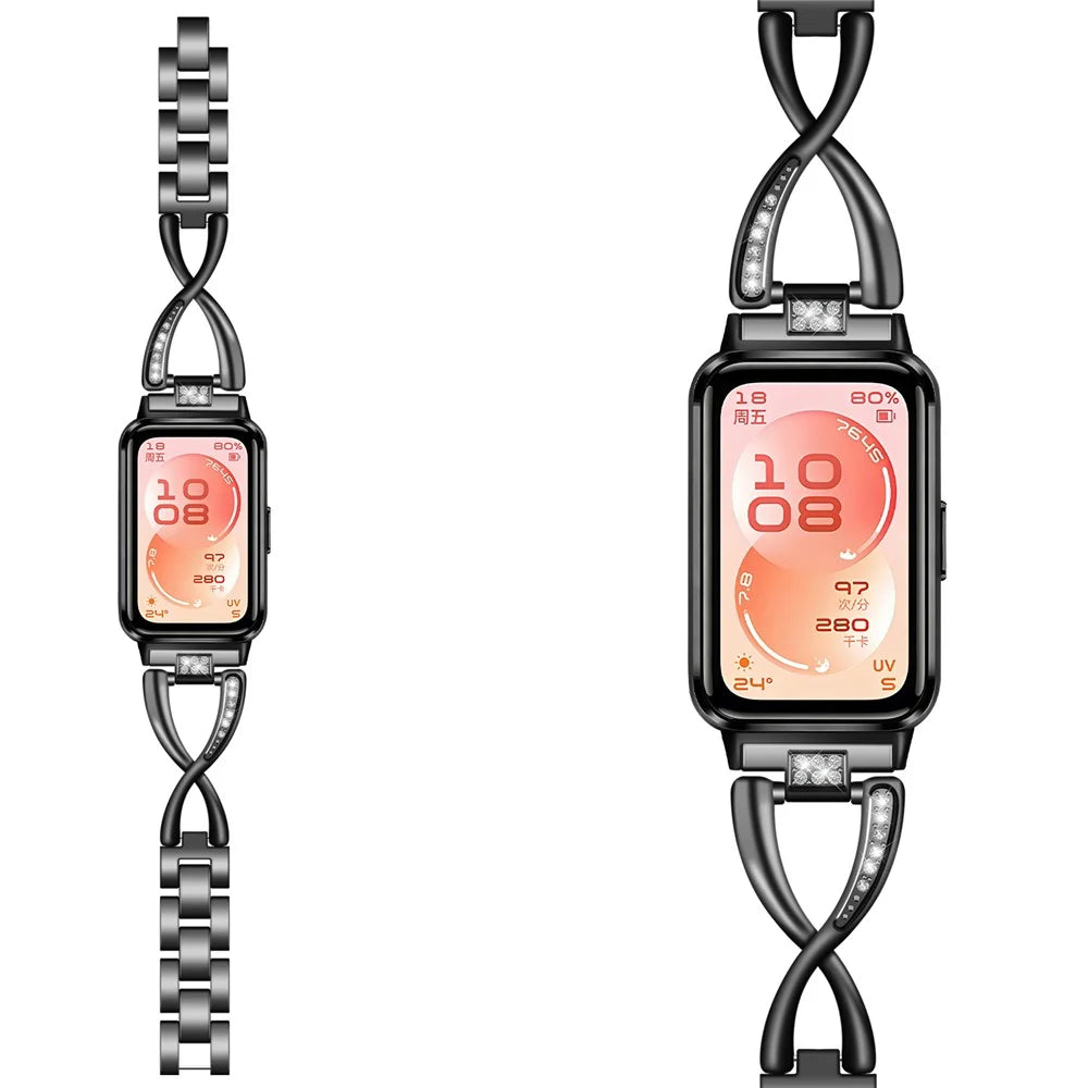 Large X Design Watch Strap for Huawei Band 11 Pro NFC / 11 NFC / 11 Pro / 11 Rhinestone Decor Zinc Alloy Band - Black - 4