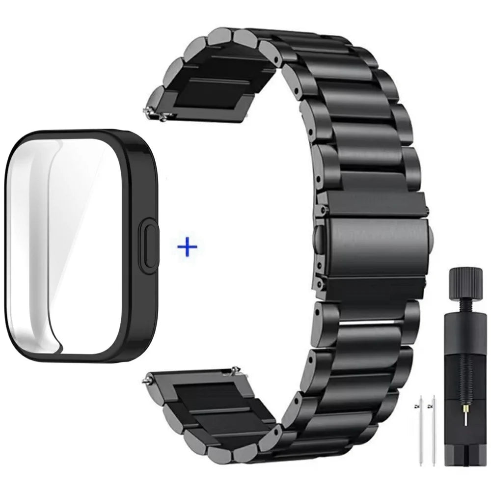 For Huami Amazfit Bip 5 Unity A2324 3-Bead Stainless Steel Strap with TPU Full Cover Watch Case and Removal Tool - Black - 1