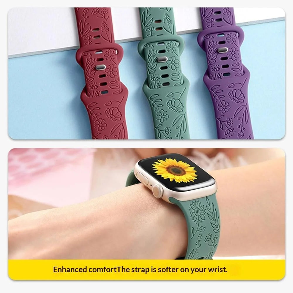 Silicone Strap For Apple Watch Series 11 10 42mm / 9 8 7 41mm / SE3 SE2 SE 6 5 4 40mm / 3 2 1 38mm Sunflower Embossed Adjustable Watch Band - Sea Green - 5