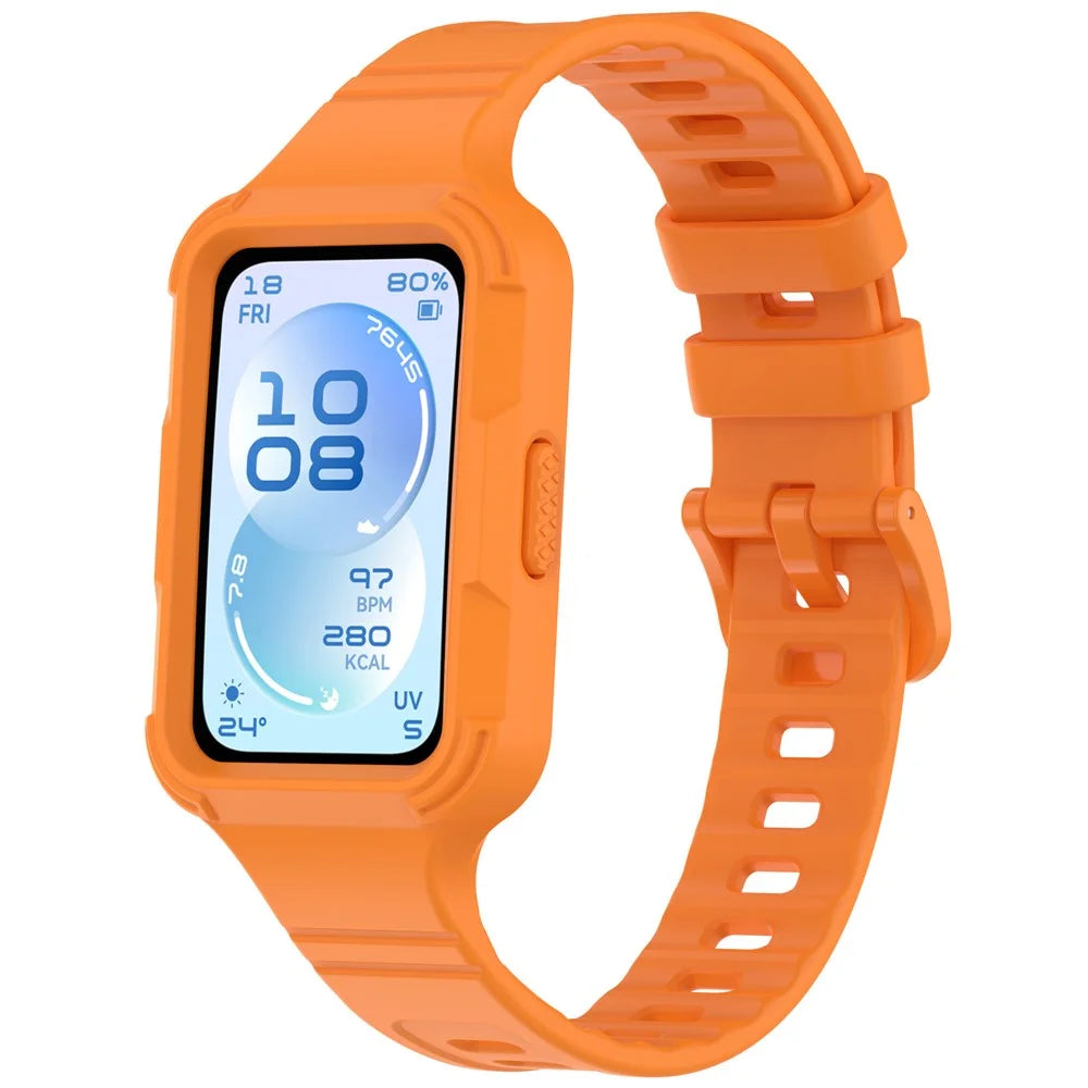 For Huawei Band 11 / Band 11 NFC Silicone Strap with Integrated Protective Case Adjustable Wristband - Orange - 1