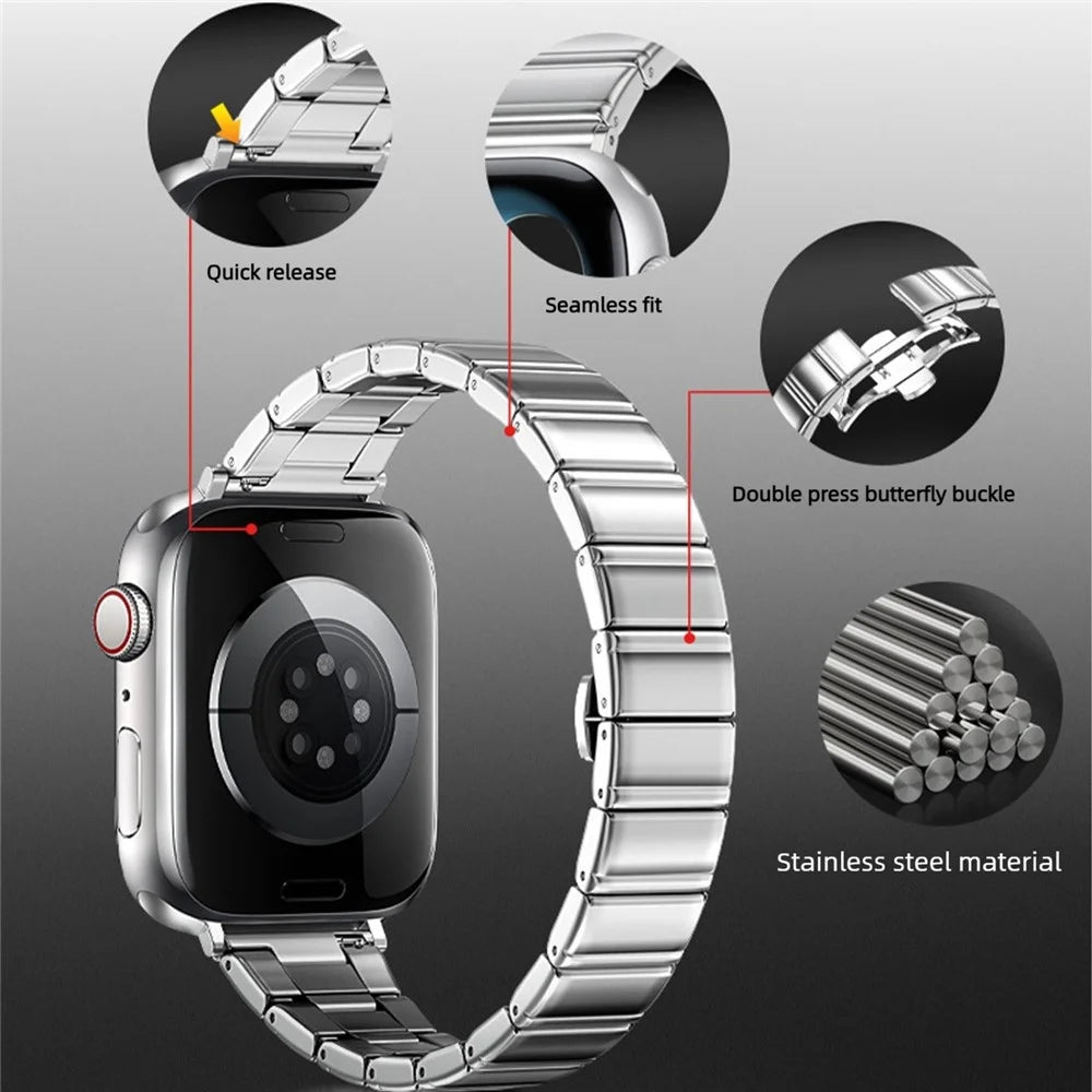 Strap for Apple Watch Ultra 3 2 1 49mm / Series 11 10 46mm / 9 8 7 45mm / SE3 SE2 SE 6 5 4 44mm / 3 2 1 42mm  Bamboo Link Stainless Steel Replacement Wristband - Silver - 4