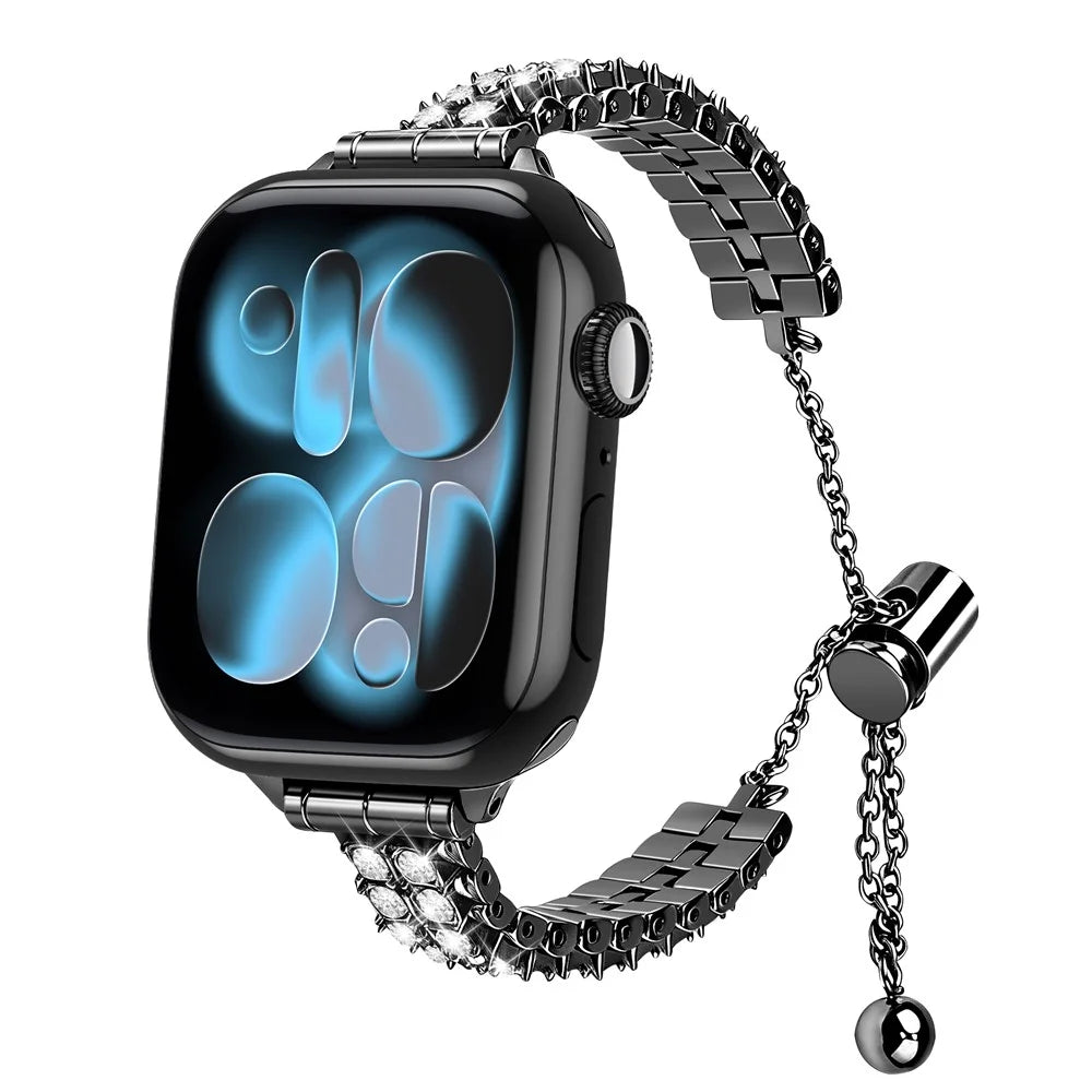 Metal Strap for Apple Watch Ultra 3 2 1 49mm / Series 11 10 46mm / 9 8 7 45mm / SE3 SE2 SE 6 5 4 44mm / 3 2 1 42mm  Rhinestone Decor Adjustable Chain Band - Black - 2