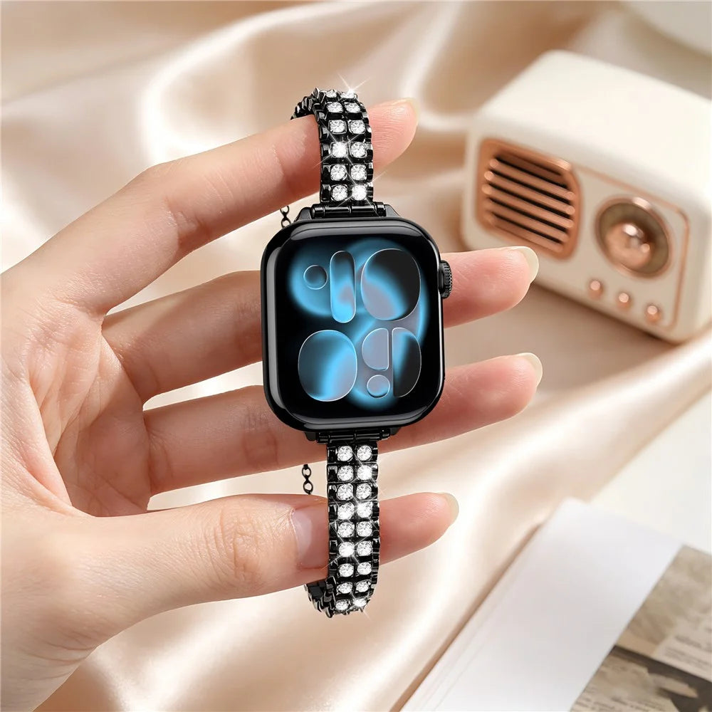 Metal Strap for Apple Watch Ultra 3 2 1 49mm / Series 11 10 46mm / 9 8 7 45mm / SE3 SE2 SE 6 5 4 44mm / 3 2 1 42mm  Rhinestone Decor Adjustable Chain Band - Black - 4