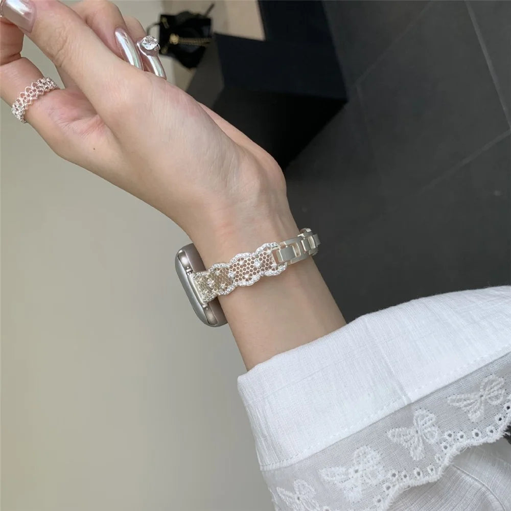 Copper Strap for Apple Watch Series 11 10 42mm / 9 8 7 41mm / SE3 SE2 SE 6 5 4 40mm / 3 2 1 38mm Honeycomb Net Zircon Decor Metal Band - Gold - 3