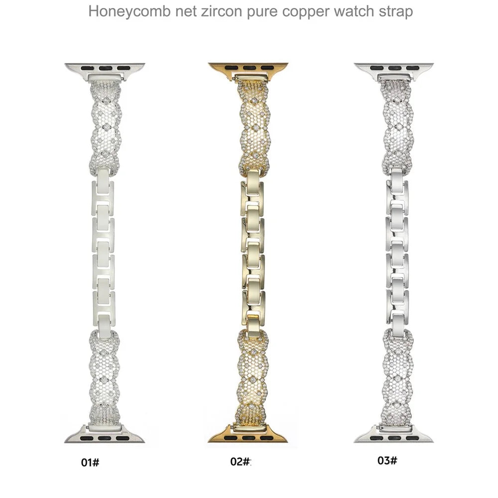 Copper Strap for Apple Watch Series 11 10 42mm / 9 8 7 41mm / SE3 SE2 SE 6 5 4 40mm / 3 2 1 38mm Honeycomb Net Zircon Decor Metal Band - Gold - 7