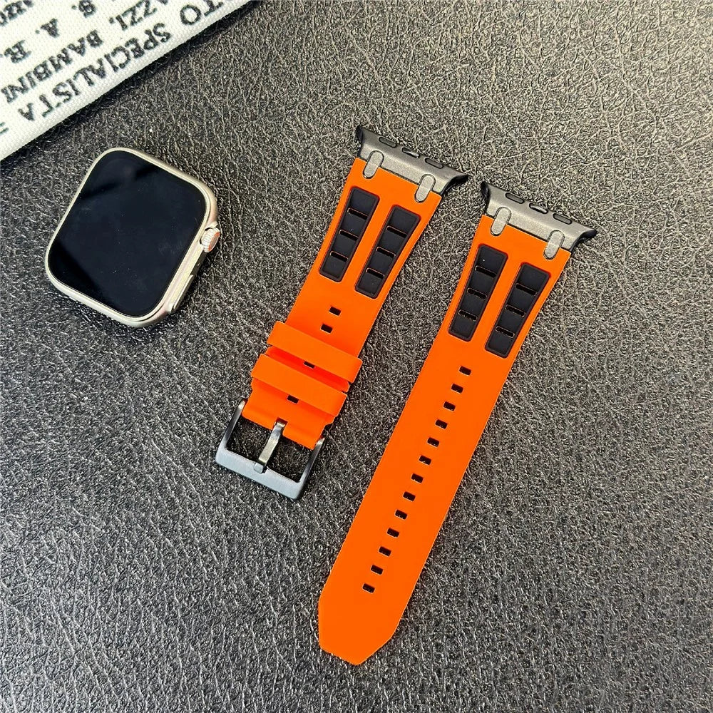 Silicone Strap for Apple Watch Series 11 10 42mm  /  9 8 7 41mm  /  SE3 SE2 SE 6 5 4 40mm  /  3 2 1 38mm Dual Color Sports Wristband - Orange+Black - 5