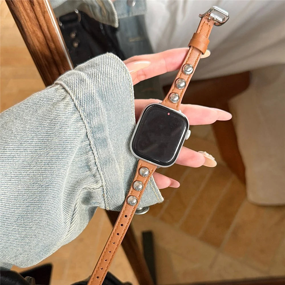 PU Leather Strap for Apple Watch Series 11 10 42mm  /  9 8 7 41mm  /  SE3 SE2 SE 6 5 4 40mm  /  3 2 1 38mm Rivet Studded Slim Watch Band - Dark Brown - 3