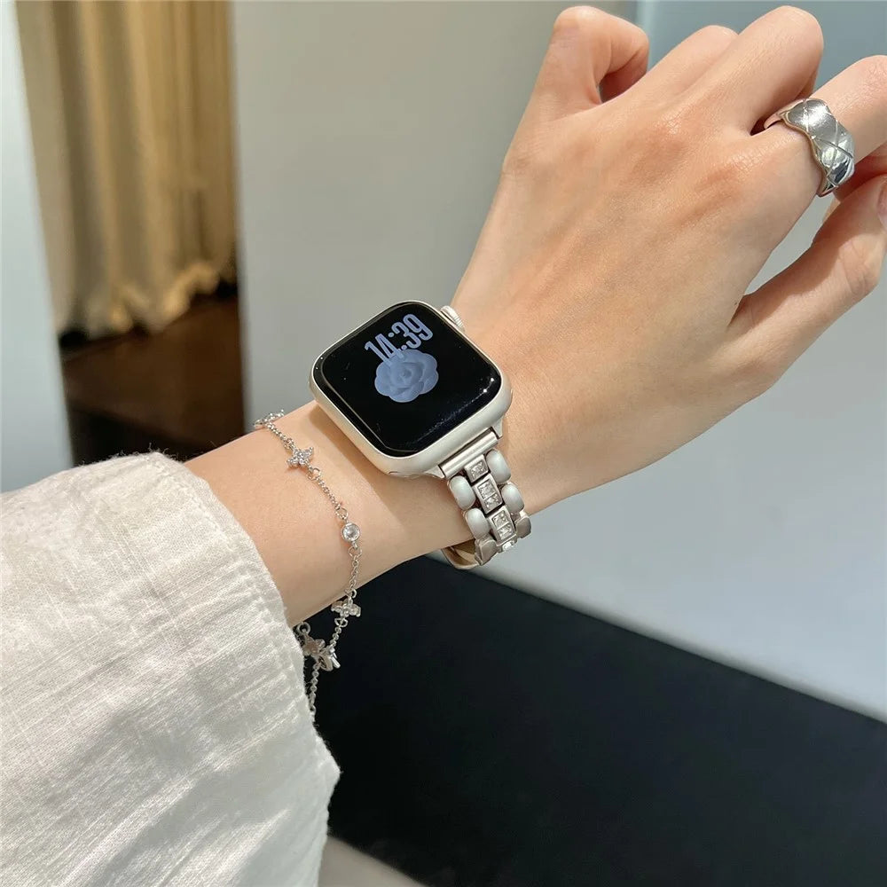 Genuine Cow Leather Strap for Apple Watch Series 11 10 42mm  /  9 8 7 41mm  /  SE3 SE2 SE 6 5 4 40mm  /  3 2 1 38mm Watch Band with Square Rhinestones - Starlight - 5