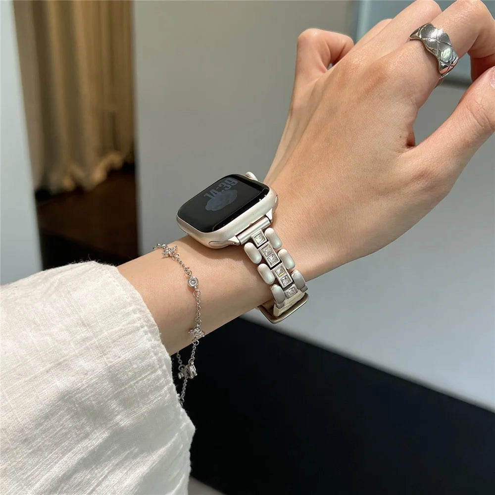 Genuine Cow Leather Strap for Apple Watch Series 11 10 42mm  /  9 8 7 41mm  /  SE3 SE2 SE 6 5 4 40mm  /  3 2 1 38mm Watch Band with Square Rhinestones - Starlight - 6
