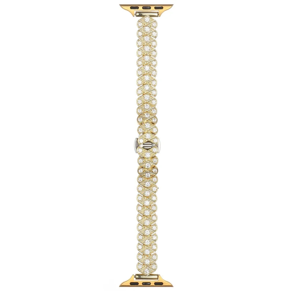 Strap for Apple Watch Series 11 10 42mm  /  9 8 7 41mm  /  SE3 SE2 SE 6 5 4 40mm  /  3 2 1 38mm Full Zircon Decor Watch Band with Butterfly Buckle - Gold - 1