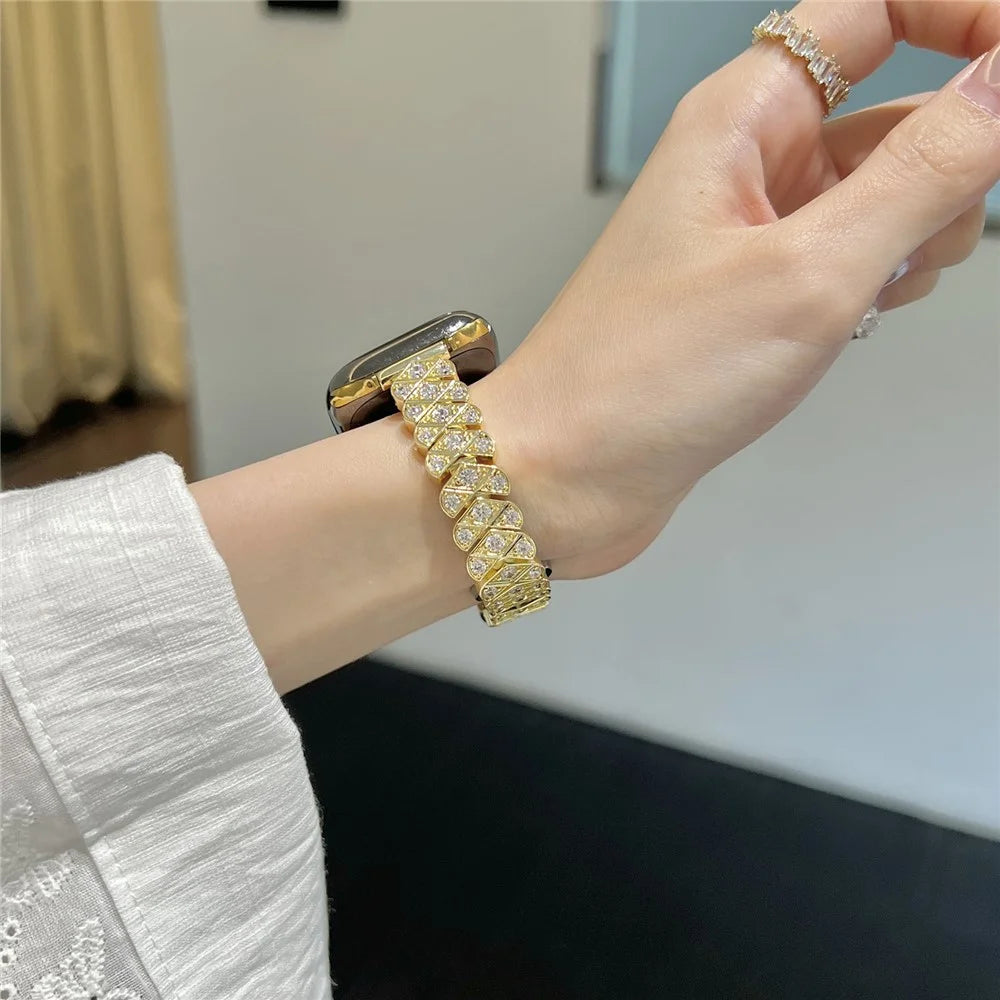 Strap for Apple Watch Series 11 10 42mm  /  9 8 7 41mm  /  SE3 SE2 SE 6 5 4 40mm  /  3 2 1 38mm Full Zircon Decor Watch Band with Butterfly Buckle - Gold - 2