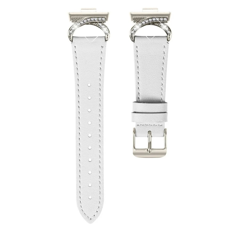 Genuine Cow Leather Strap with Starlight Buckle for Huawei Watch Fit 4 / Fit 4 Pro / Fit 3 , Rhinestone Connector Watch Band - White - 1