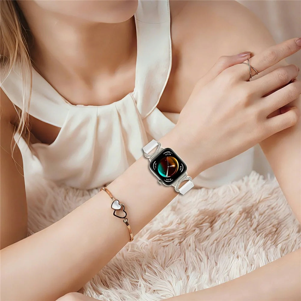 Genuine Cow Leather Strap with Starlight Buckle for Huawei Watch Fit 4 / Fit 4 Pro / Fit 3 , Rhinestone Connector Watch Band - White - 4