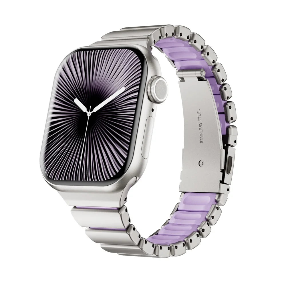 Strap for Apple Watch Series 11 10 42mm  /  9 8 7 41mm  /  SE3 SE2 SE 6 5 4 40mm  /  3 2 1 38mm Stainless Steel + Silicone Replacement Band with Fold-over Clasp - Titanium+Purple - 3