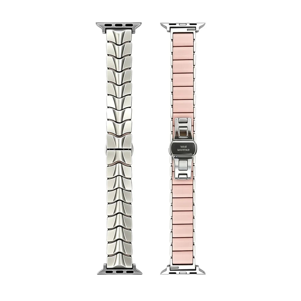 Metal + Silicone Strap for Apple Watch Ultra 3 2 1 49mm  /  Series 11 10 46mm  /  9 8 7 45mm  /  SE3 SE2 SE 6 5 4 44mm  /  3 2 1 42mm Wave-Shaped Link Band Replacement Wristband - Starlight+Pink - 3