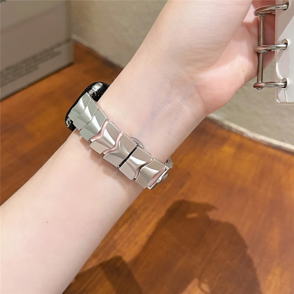 Metal + Silicone Strap for Apple Watch Ultra 3 2 1 49mm  /  Series 11 10 46mm  /  9 8 7 45mm  /  SE3 SE2 SE 6 5 4 44mm  /  3 2 1 42mm Wave-Shaped Link Band Replacement Wristband - Starlight+Pink - 6