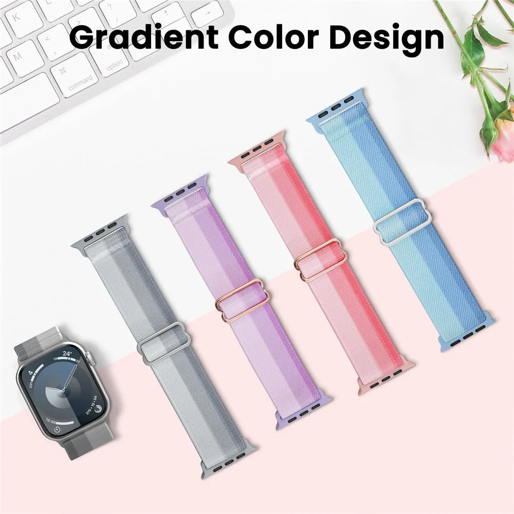 AHASTYLE WE26 2Pcs Sport Bands for Apple Watch Series 11 10 42mm / 9 8 7 41mm / SE3 SE2 SE 6 5 4 40mm / 3 2 1 38mm Gradient Nylon Woven Stretchy Breathable Wristband - Grey+Blue - 6