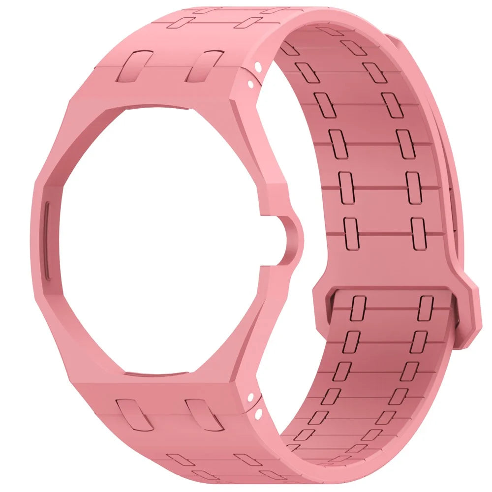 For Swatch Royal Pop Silicone Magnetic Strap with Case Watch Band Replacement - Pink  /  3 O'Clock Crown - 1