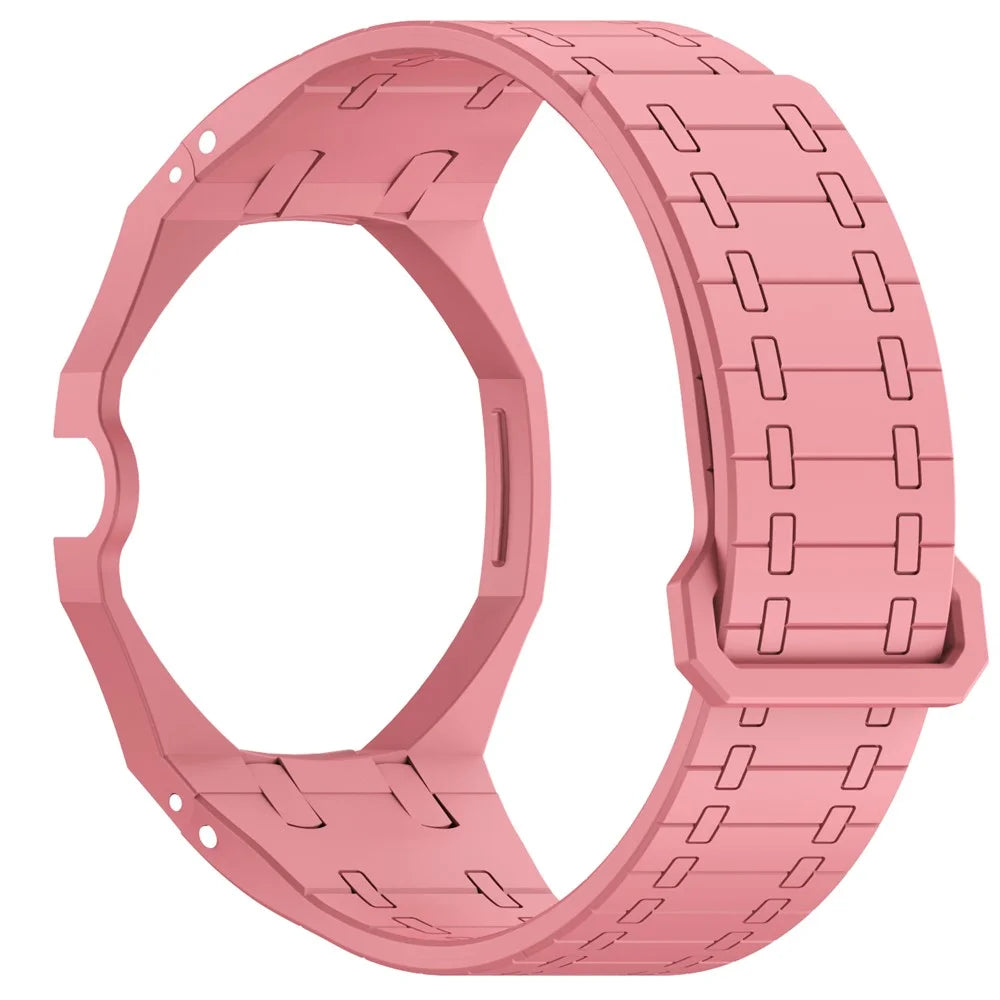 For Swatch Royal Pop Silicone Magnetic Strap with Case Watch Band Replacement - Pink  /  3 O'Clock Crown - 4