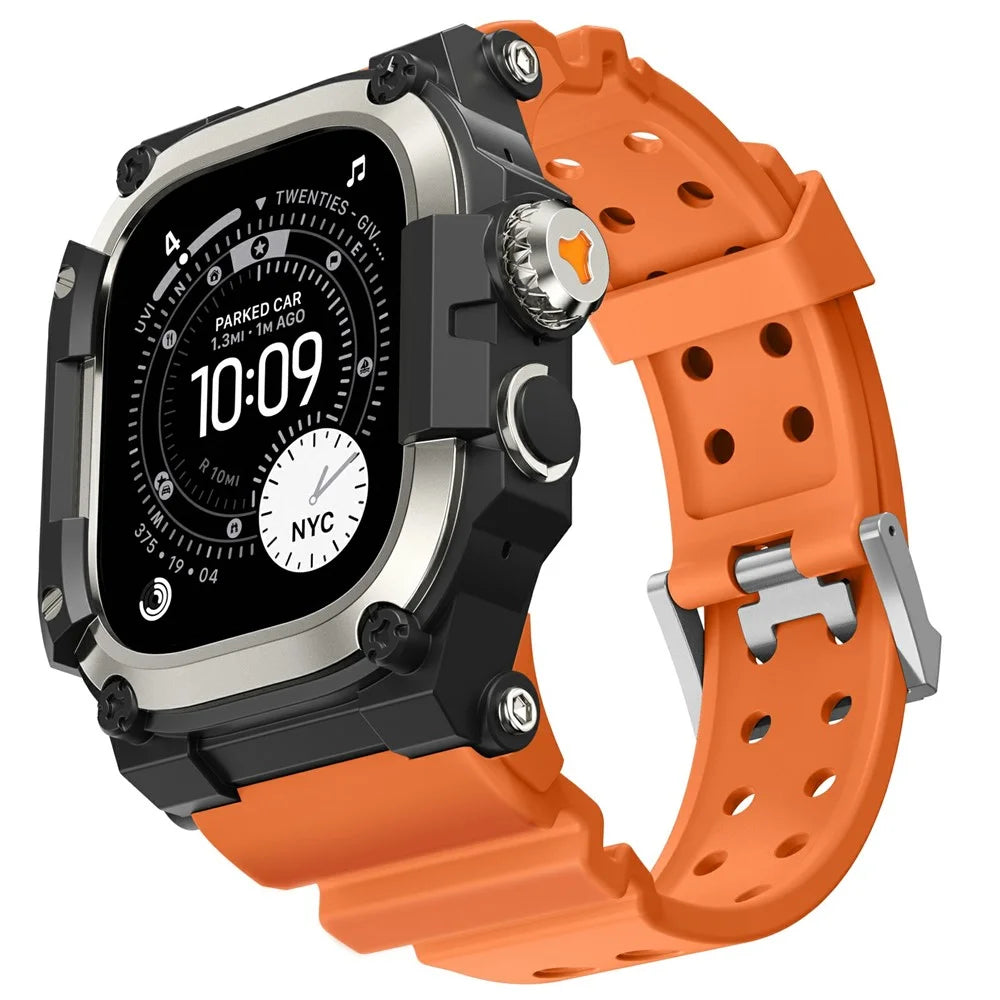 AHASTYLE WE39 Watch Band for Apple Watch Ultra 3 2 1 49mm Metal Frame Cover + TPU Breathable Wrist Strap - Orange Band+Titanium Frame - 1