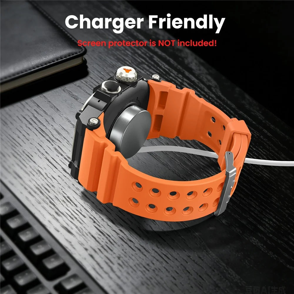 AHASTYLE WE39 Watch Band for Apple Watch Ultra 3 2 1 49mm Metal Frame Cover + TPU Breathable Wrist Strap - Orange Band+Titanium Frame - 3