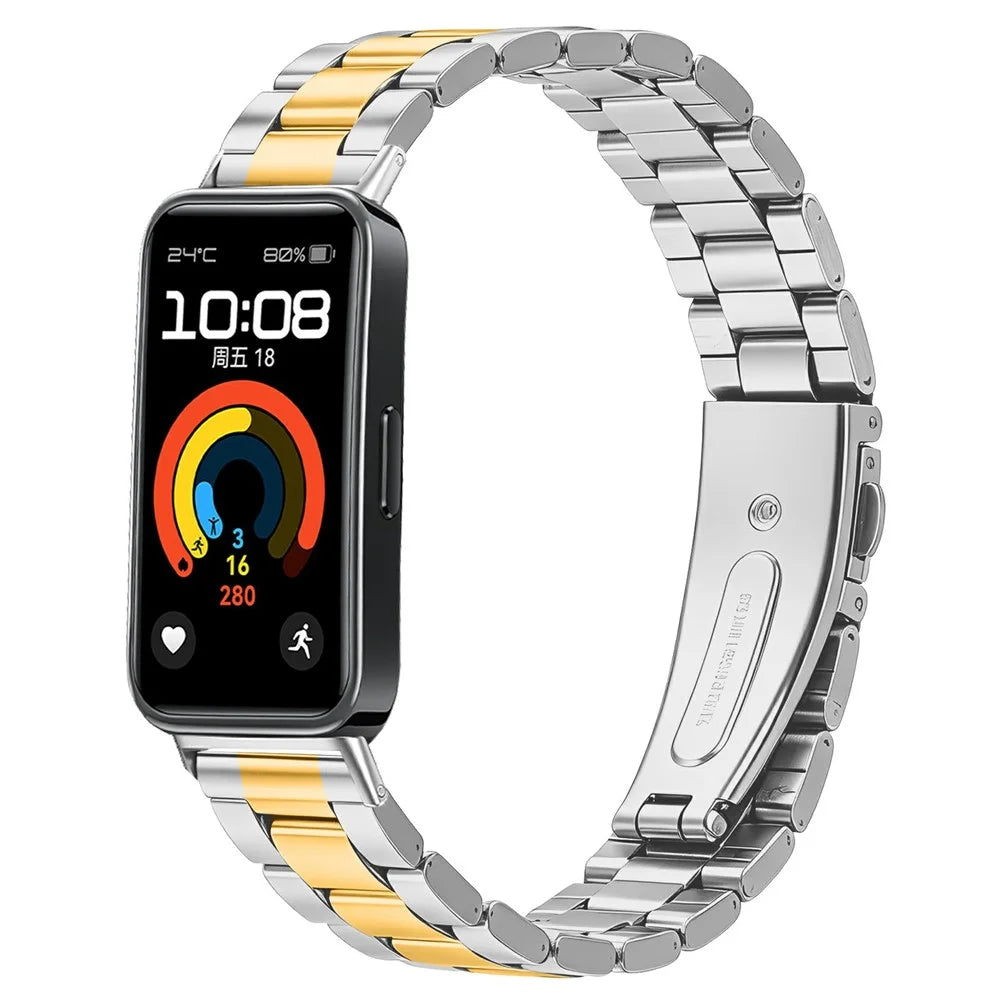 For Huawei Band 11 / 11 Pro Metal Watch Strap Three-bead Stainless Steel Bracelet with Folding Clasp - Silver / Gold - 2