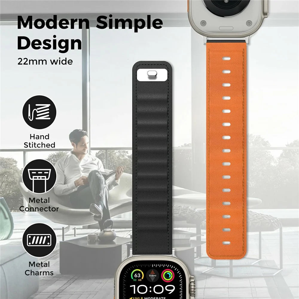 AHASTYLE BO06 Genuine Cow Leather Strap for Apple Watch Series 11 10 42mm / 9 8 7 41mm / SE3 SE2 SE 6 5 4 40mm / 3 2 1 38mm Pin Buckle Magnetic Watch Band - Black+Orange - 5