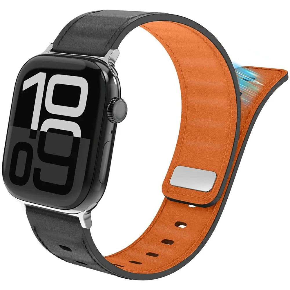 AHASTYLE BO06 Genuine Cow Leather Strap for Apple Watch Ultra 3 2 1 49mm / Series 11 10 46mm / 9 8 7 45mm / SE3 SE2 SE 6 5 4 44mm / 3 2 1 42mm Pin Buckle Magnetic Watch Band - Black+Orange - 2