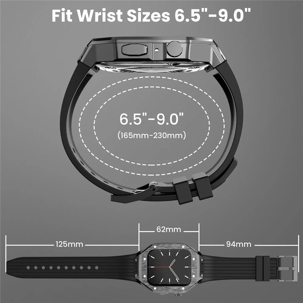 AHASTYLE WE27 Watch Band for Apple Watch Series 9 8 7 45mm / SE3 SE2 SE 6 5 4 44mm PC+TPU Integrated Strap with Aluminum Alloy Protective Case  - Black+Black - 7