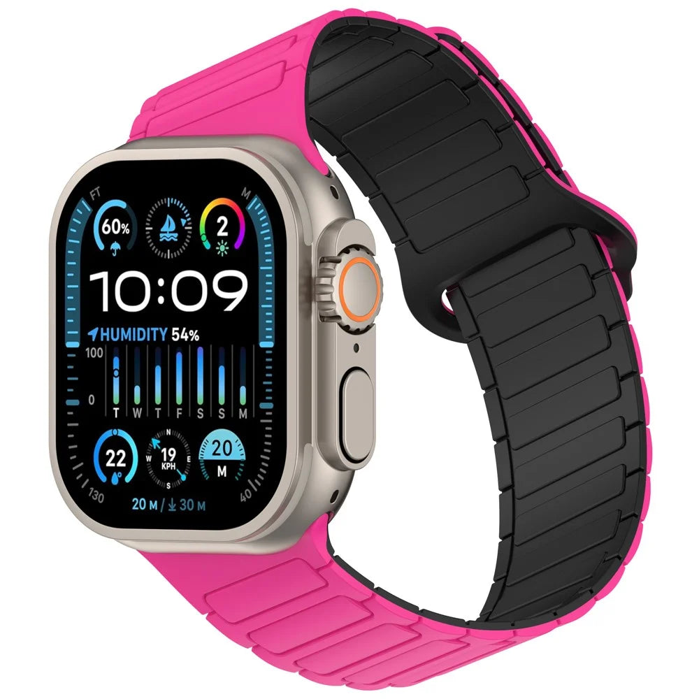Beveled Silicone Strap for Apple Watch Ultra 3 2 1 49mm / Series 11 10 46mm / 9 8 7 45mm / SE3 SE2 SE 6 5 4 44mm / 3 2 1 42mm , Three-Bead Magnetic Loop Watch Band - Hot Pink+Black - 2