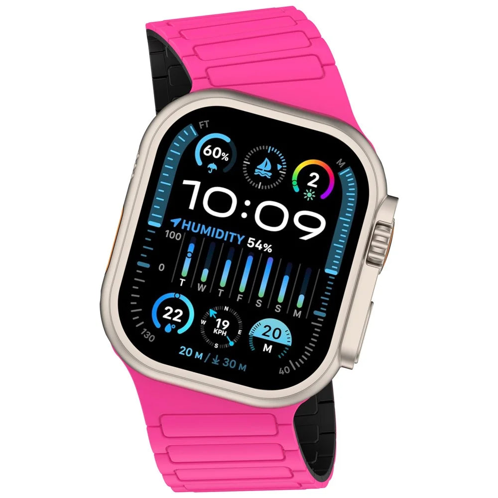 Beveled Silicone Strap for Apple Watch Ultra 3 2 1 49mm / Series 11 10 46mm / 9 8 7 45mm / SE3 SE2 SE 6 5 4 44mm / 3 2 1 42mm , Three-Bead Magnetic Loop Watch Band - Hot Pink+Black - 3