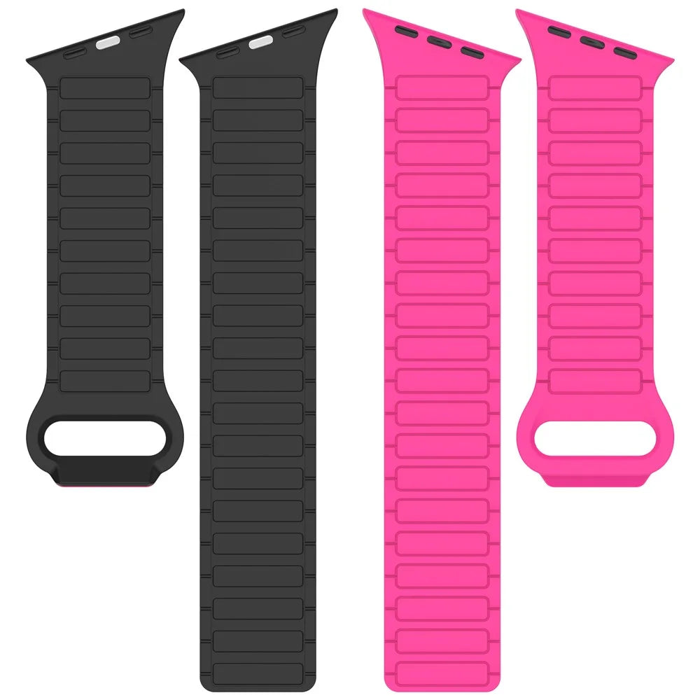 Beveled Silicone Strap for Apple Watch Ultra 3 2 1 49mm / Series 11 10 46mm / 9 8 7 45mm / SE3 SE2 SE 6 5 4 44mm / 3 2 1 42mm , Three-Bead Magnetic Loop Watch Band - Hot Pink+Black - 4