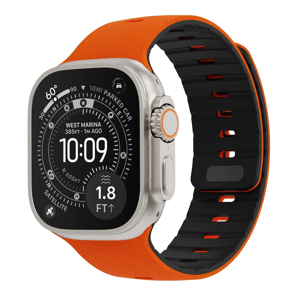 Replacement Wristband for Apple Watch Ultra 3 2 1 49mm  /  Series 11 10 46mm  /  9 8 7 45mm  /  SE3 SE2 SE 6 5 4 44mm  /  3 2 1 42mm Textured Silicone Magnetic Strap - Orange+Black - 2