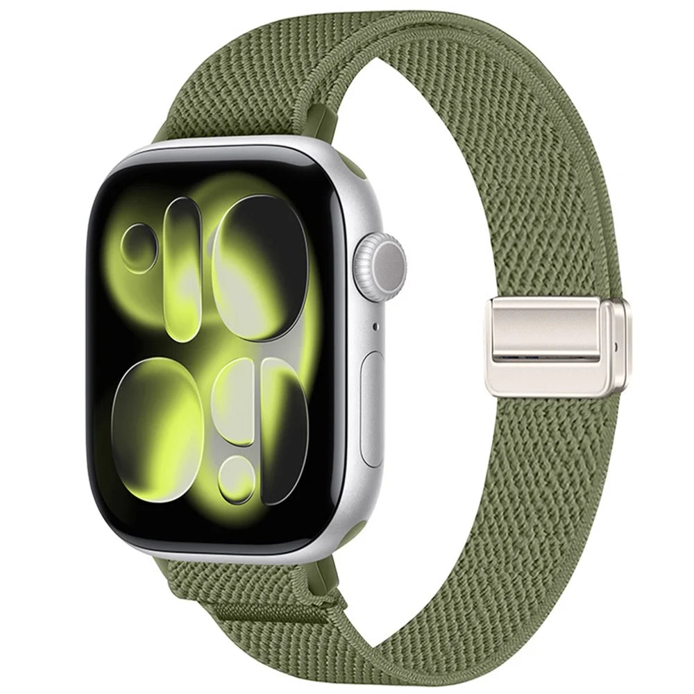 Woven Nylon Band for Apple Watch Ultra 3 2 1 49mm  /  Series 11 10 46mm  /  9 8 7 45mm  /  SE3 SE2 SE 6 5 4 44mm  /  3 2 1 42mm Magnetic Slim Elastic Strap - Olive Green - 2