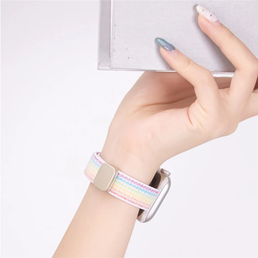 Strap for Apple Watch Series 11 10 42mm  /  9 8 7 41mm  /  SE3 SE2 SE 6 5 4 40mm  /  3 2 1 38mm Woven Nylon Loop Band with Double Magnetic Clasp - Rainbow - 5