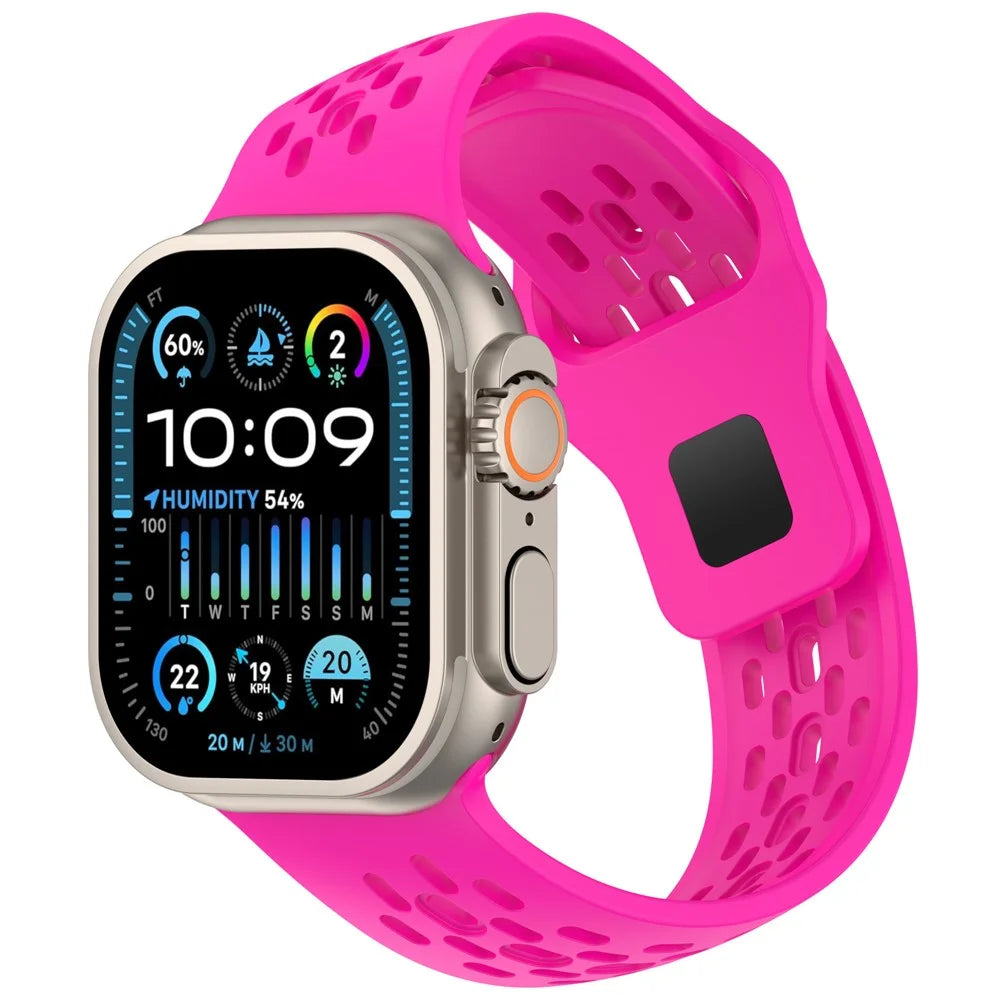 Silicone Watch Band for Apple Watch Series 11 10 42mm  /  9 8 7 41mm  /  SE3 SE2 SE 6 5 4 40mm  /  3 2 1 38mm Slant Cut Breathable Mesh Strap - Hot Pink - 2