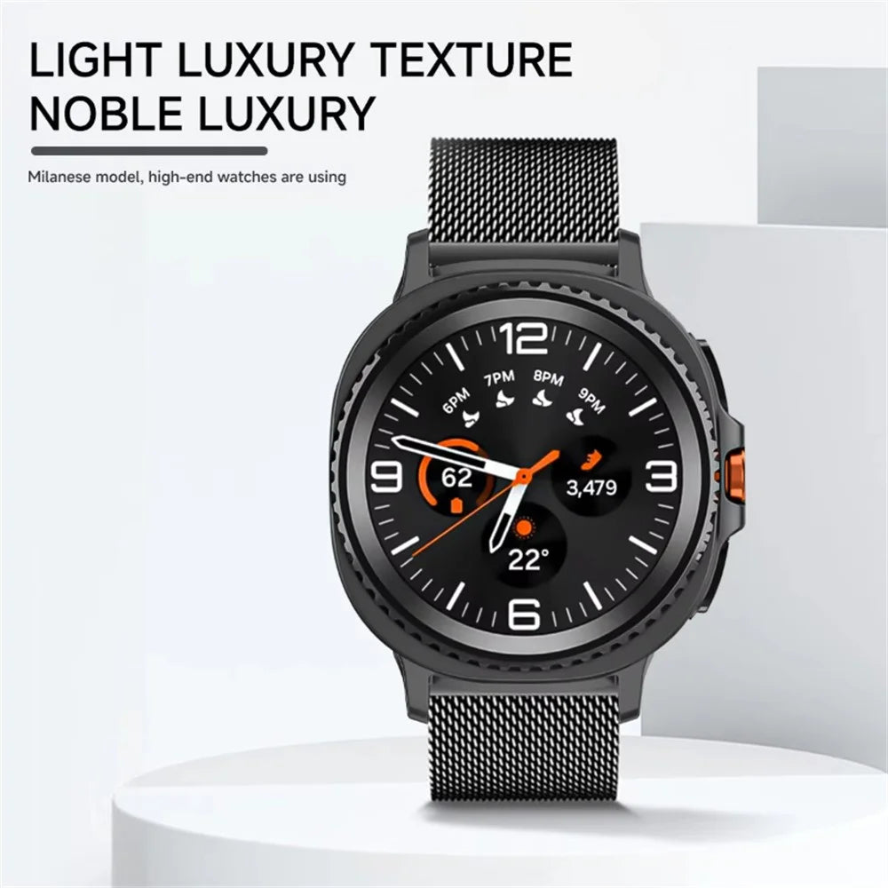 For Samsung Galaxy Watch9 44mm / Watch8 44mm Stainless Steel Milanese Band + PC Watch Case with Tempered Glass Screen Protector - Black - 6