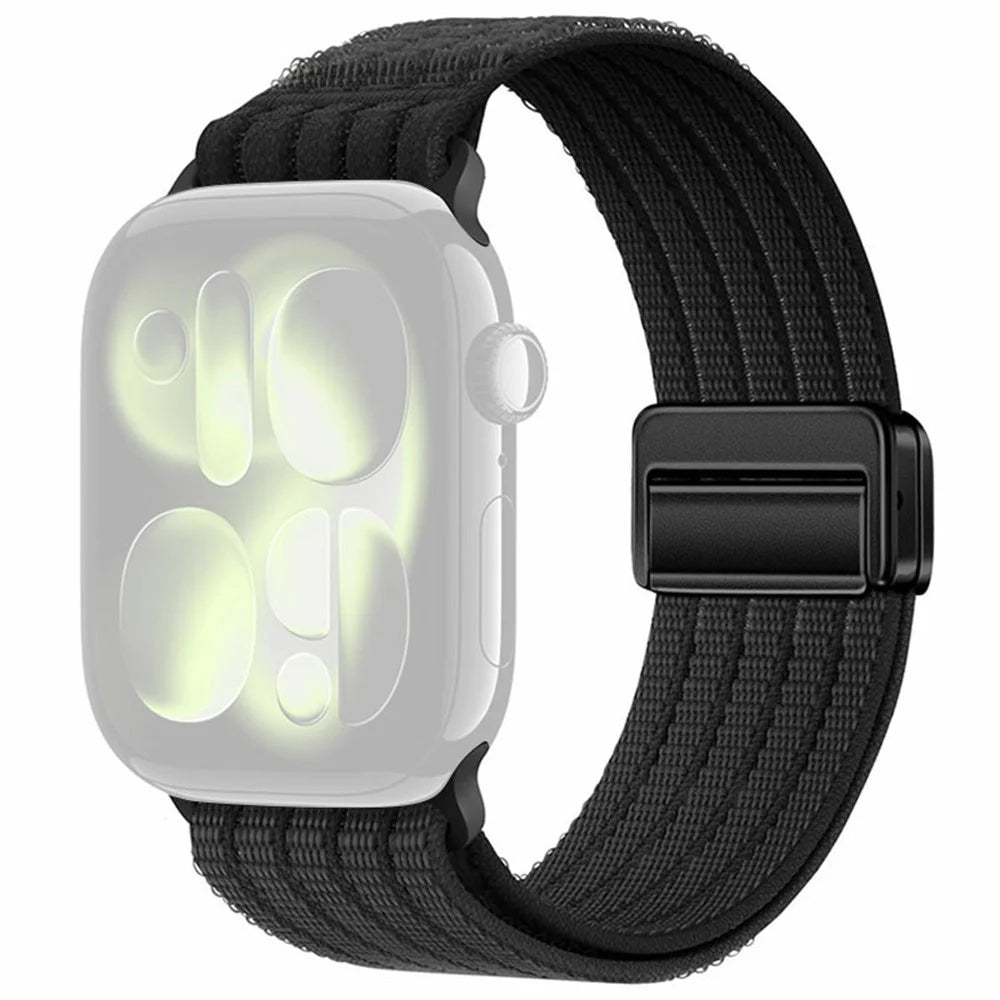 Nylon Watch Strap for Apple Watch Ultra 3 2 1 49mm / Series 11 10 46mm / 9 8 7 45mm / SE3 SE2 SE 6 5 4 44mm / 3 2 1 42mm Magnetic Clasp Five Ring Band - Black - 1