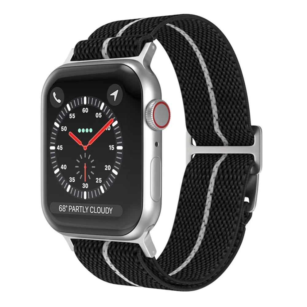 Nylon Watch Strap for Apple Watch Ultra 3 2 1 49mm / Series 11 10 46mm / 9 8 7 45mm / SE3 SE2 SE 6 5 4 44mm / 3 2 1 42mm Interlocking Buckle Striped Band - Black / White - 2