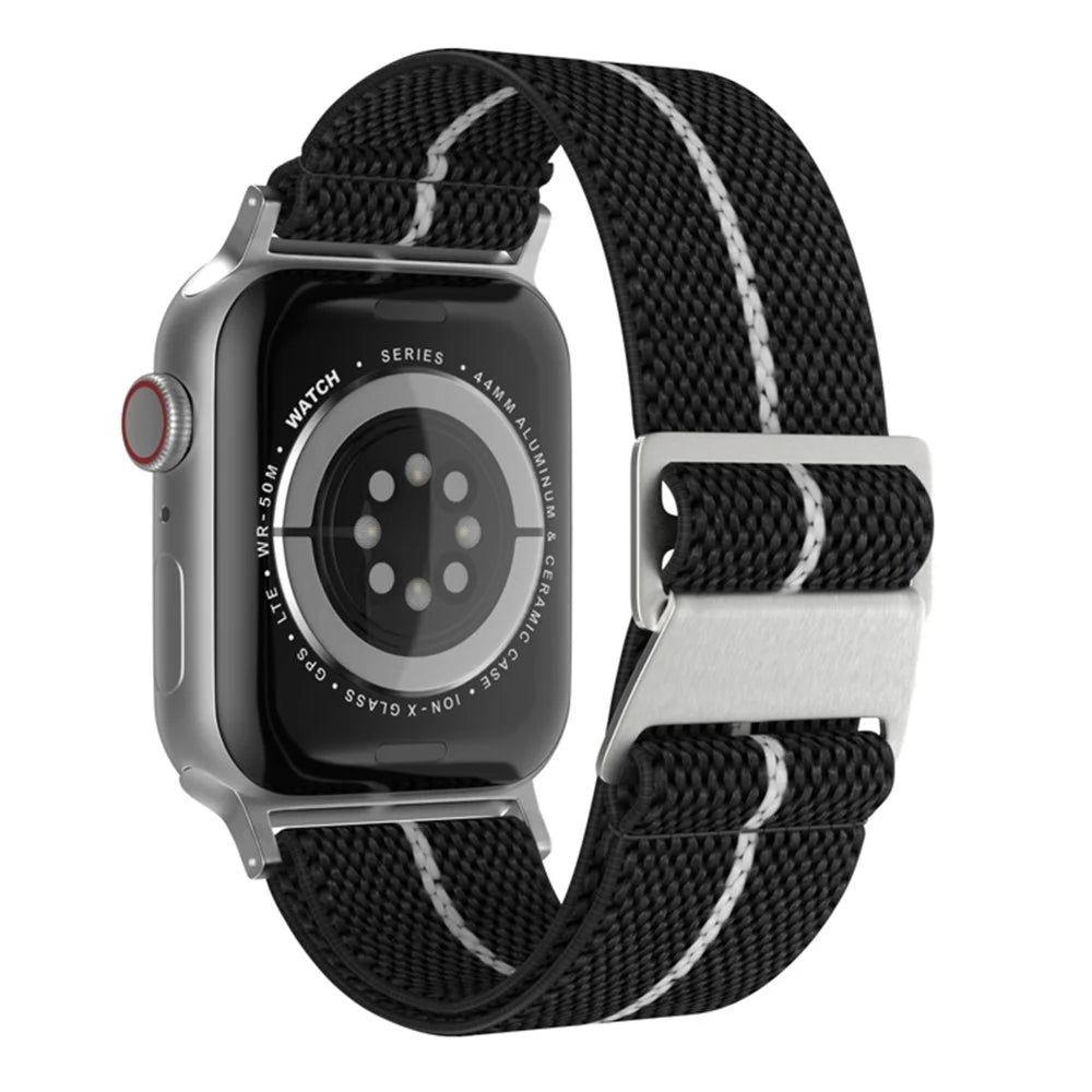 Nylon Watch Strap for Apple Watch Series 11 10 42mm / 9 8 7 41mm / SE3 SE2 SE 6 5 4 40mm / 3 2 1 38mm Interlocking Buckle Striped Band - Black / White - 1