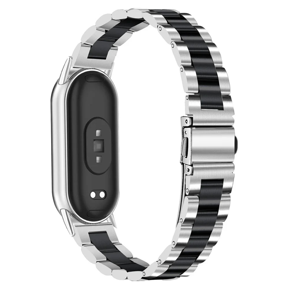 Metal Watch Band for Xiaomi Smart Band 10 / 9 / 8 Contrast Color 3-Bead Stainless Steel Strap - Silver / Black - 1