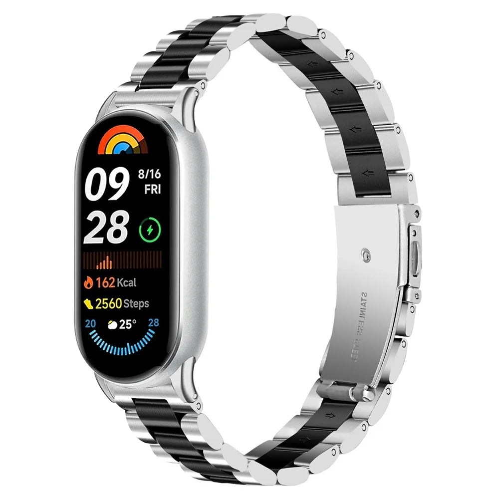Metal Watch Band for Xiaomi Smart Band 10 / 9 / 8 Contrast Color 3-Bead Stainless Steel Strap - Silver / Black - 2