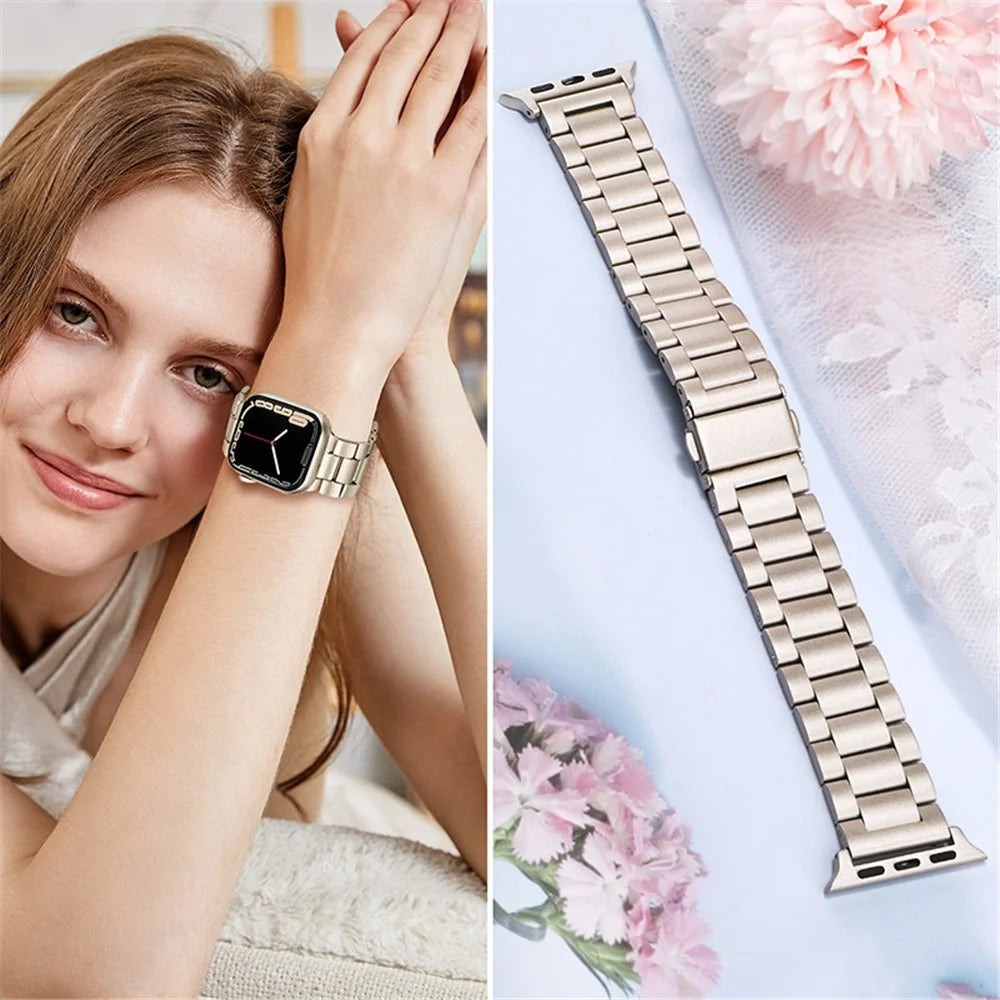 Three Beads Stainless Steel Watch Band Strap Replacement for Apple Watch Ultra 3 2 1 49mm / Series 11 10 46mm / 9 8 7 45mm / SE3 SE2 SE 6 5 4 44mm / 3 2 1 42mm - Titanium - 6